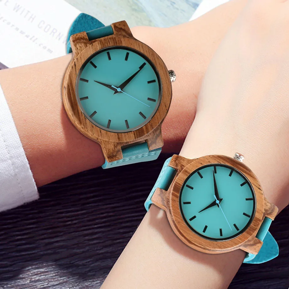 Lover Wood Watch Black Hour Hand Bracelet Minimalist Bamboo Dial Blue Quartz Genuine Leather Wristwatch Couple Anniversary Gift (14)