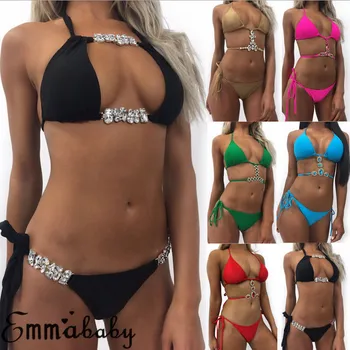 

Women Gorgeous Rhinestone Crystal Diamond Halter Swimwear Sets Lace up Push-up Bikini Bandage Hollow Out Set Bathing Suits
