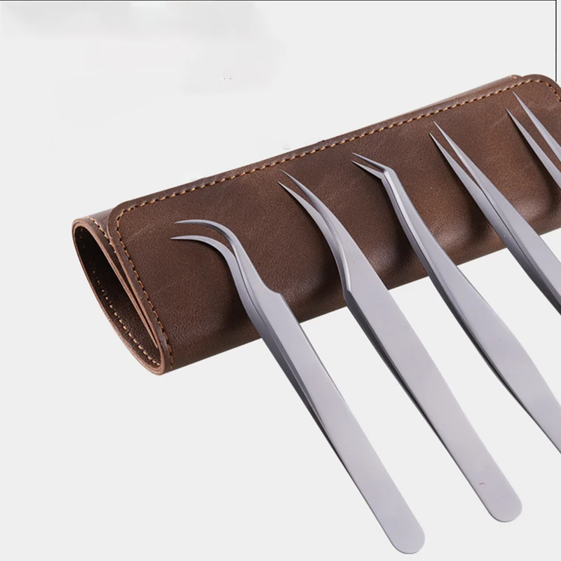 

5pcs/set Anti-Static Eyelash Tweezers Tool Kit with Leather Case Grafting Eyelash Extension Tweezers Nail Rhinestone Decorations