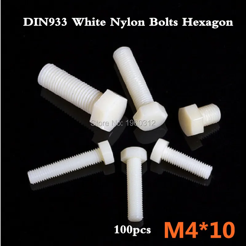 100pcs/lot DIN933 M4 x 10 White Plastic Nylon Bolts Hexagon Hex Head