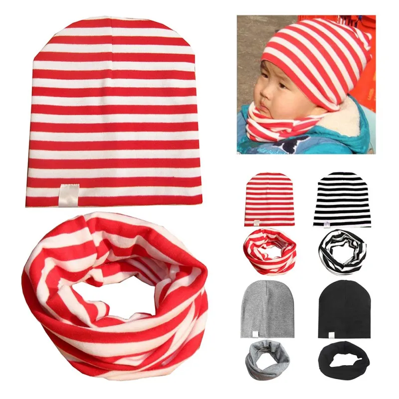 2 PCS Newborn Baby Cotton Hat Scarf Set Fashion Striped Boys Girls
