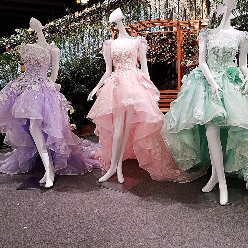 

Short front long back evening dress 2018 lace up back flowers pink purple green lace prom party dresses real photos