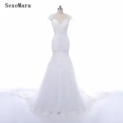 Новое поступление с длинным рукавом Свадебные платья Русалочки с v-образным вырезом с вырезом на спине с вышивкой Бисер развертки поезд