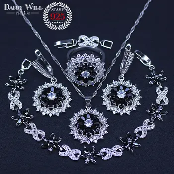 

New Arrival 4 Piece silver color Big flower Black Cubic Zircon Tennis Necklace/Earrings /BraceletJewelry Set For Women