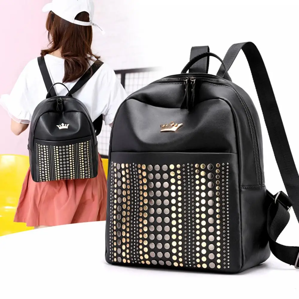 

2019 New Fashion Teenage Girls Crown Rivets Travel Backpacks Women PU Leather Casual Simple Shoulder School Bags