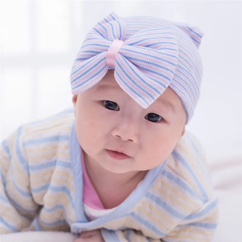 0-3 месяца больница новорожденный хлопковые шапочки для детей шапочка с бантом Мягкая вязаная шина полосатая детские шапки малыши Bebe шляпы для фотографии