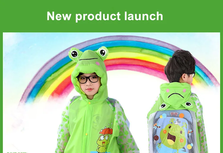 1.Waterproof kids raincoat with school bag Children's rain coat Inflated cap brim cute cartoon Long rain jacket