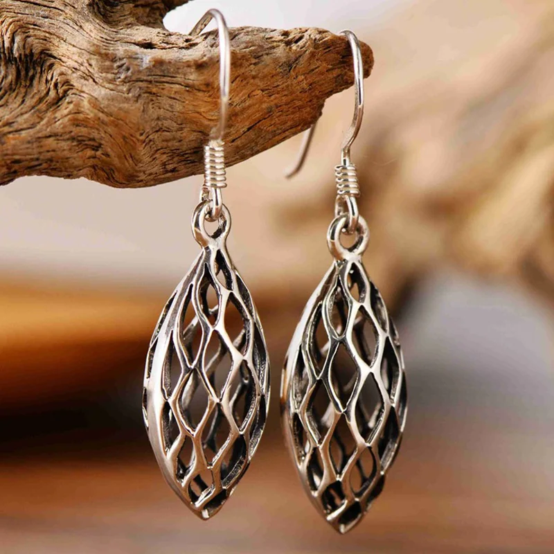 

925 Sterling Silver Drop Earrings Oval Shape Hollow Design Vintage Retro Jewelry For Women Fashion Trendy Jewelry