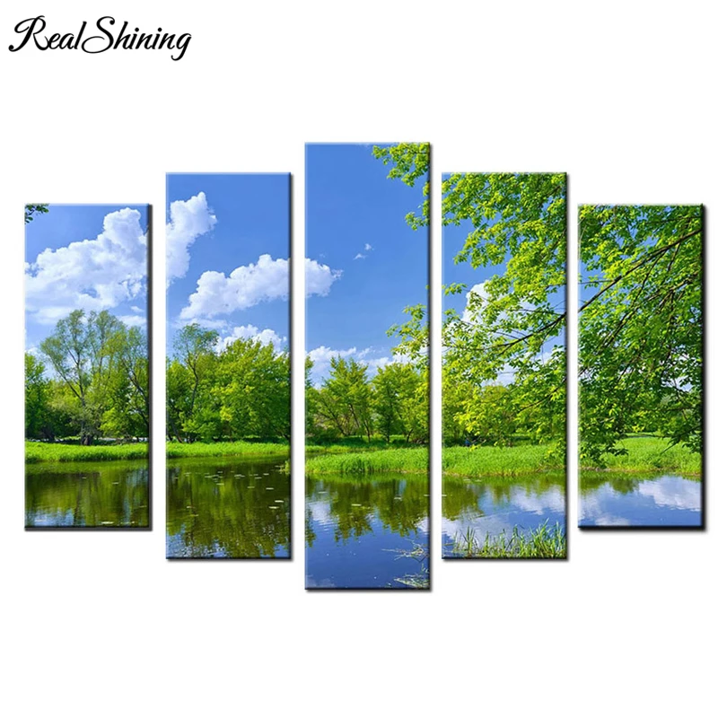 

REALSHINING diamond embroidery diy 5d mosaic diamond painting 5pcs lake nature Scenic Cross Stitch full square Rhinestone FS1325