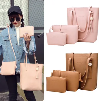 

3 Piece Set Women Composite Shoulder Bag PU Leather Solid Color Bead Tassels Handbag Travel Casual Messenger Bags Best Sale-WT