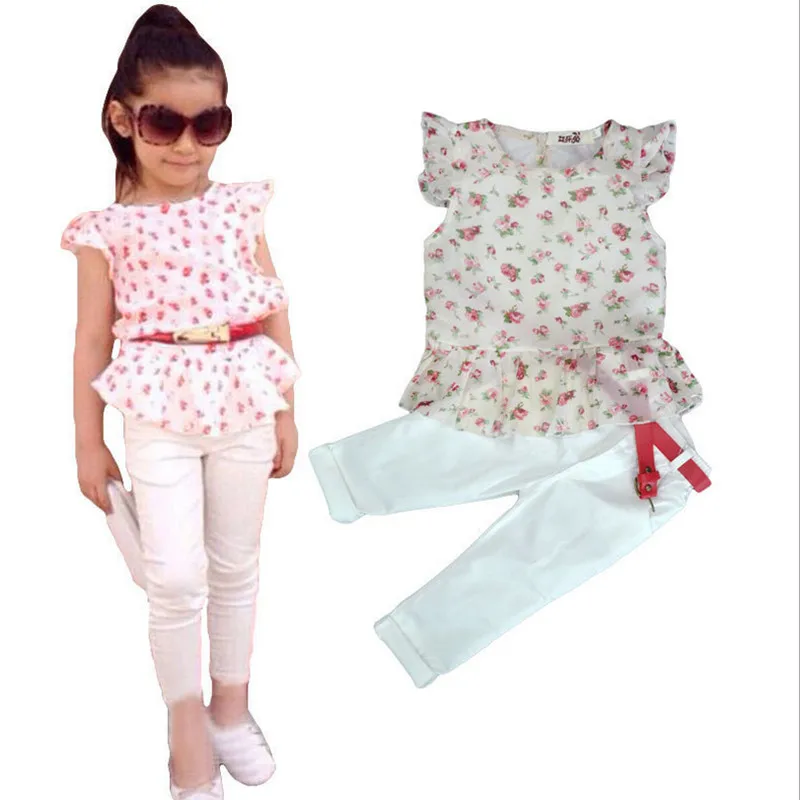

2018 Summer Girls clothing set kids girls Europe and America printed cotton t shirt+ cottton pants+belt 3 pieces clothing sets