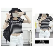 2019 Newly Hot Summer Women Striped Crop Top T-Shirt Short Sleeve Lady Girl Casual Tee Shirts MSK66 2018 new arival women golf shirts short sleeve summer sports fabric lady top t shirt 3 colors striped design white navy pink