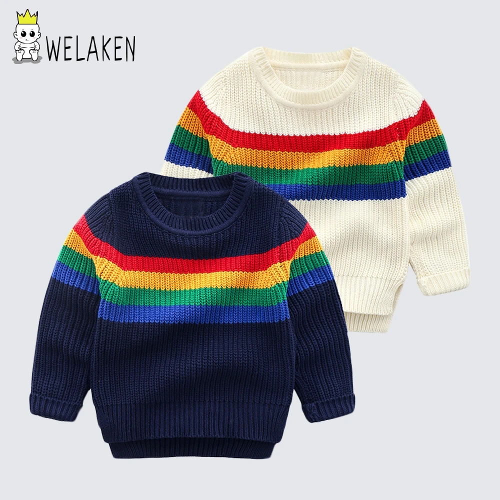 weLaken Baby Boys Sweaters 2018 Autumn Rainbow Pattern Pull Sleeve Knit