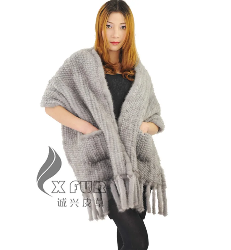 Cx-b-08m последние Дизайн дамы зимой руки Вязание Европейский из натуральной норки Мех животных бахромой платок - Цвет: Gray