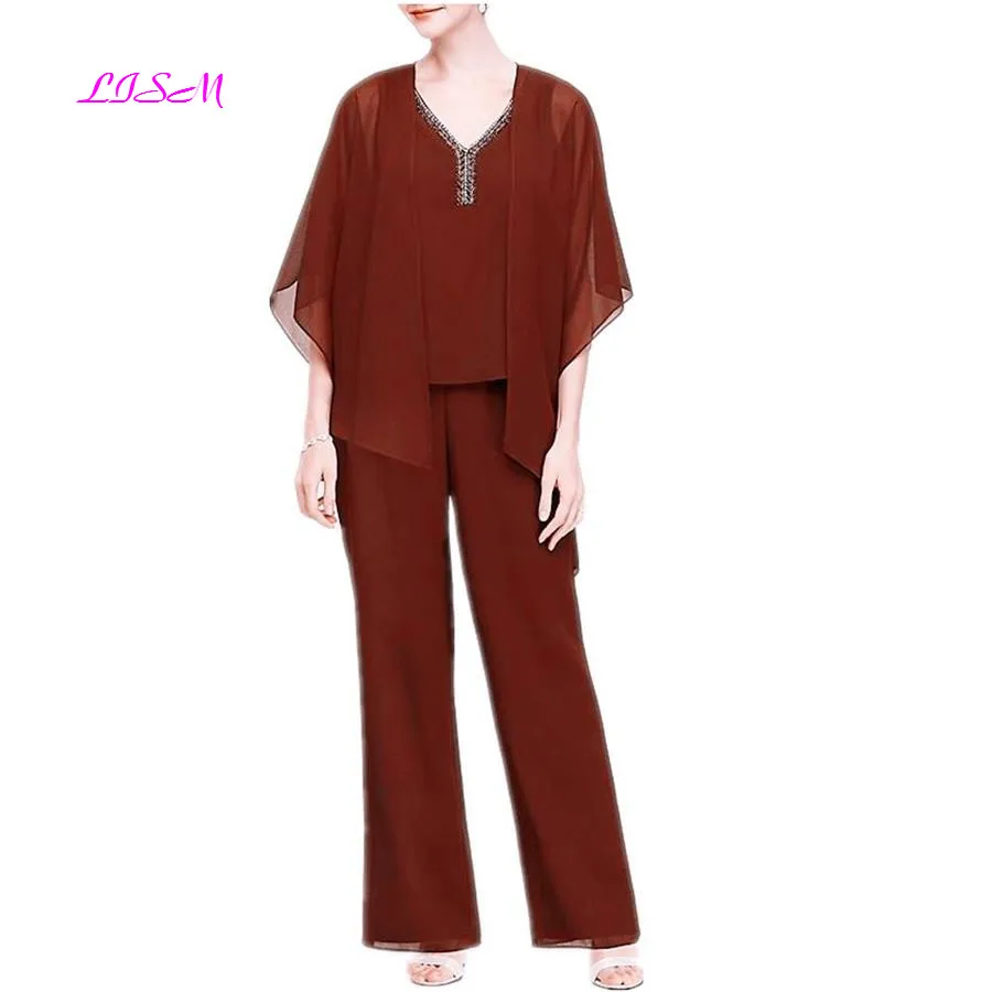 

2019 Chiffon 3 Pieces Mother of the Bride Suits with Jacket Pants Women Formal Evening Gowns High Quality Wedding Party Dresses