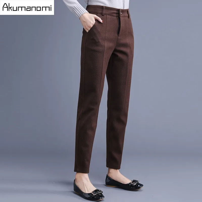 Goede Herfst Winter Volledige Lengte Potlood Broek Bruin Zwart Rits Geplooide Pocket Broek vrouwen Broek Lente Panty Plus Size