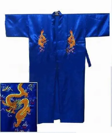Лидер продаж красный китайский Мужской Шелковый Атласный халат Вышивка Дракон кимоно банное платье Размеры M L XL XXL 3XL S0103-1 - Цвет: blue