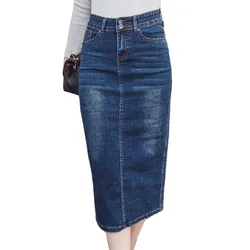 2018 long Denim Skirt Vintage Button High Waist Pencil Black Blue Slim Women Skirts Plus Size Ladies Office Sexy Jeans Faldas
