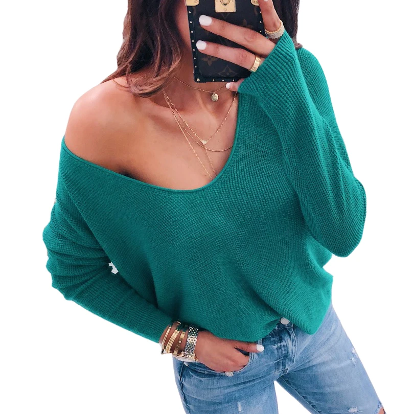 

2018 Sexy V Neck Autumn Winter Sweater Loose Off Shoulder Solid Color Top Knitted Long Sleeve Green Black Sweater Women