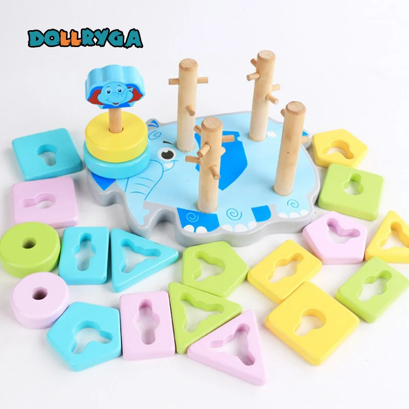 DOLLRYGA DIY Children Wooden Building Blocks Children Early Education Toys Interactive Cartoon Elephant Shape Solid Toy For Kids