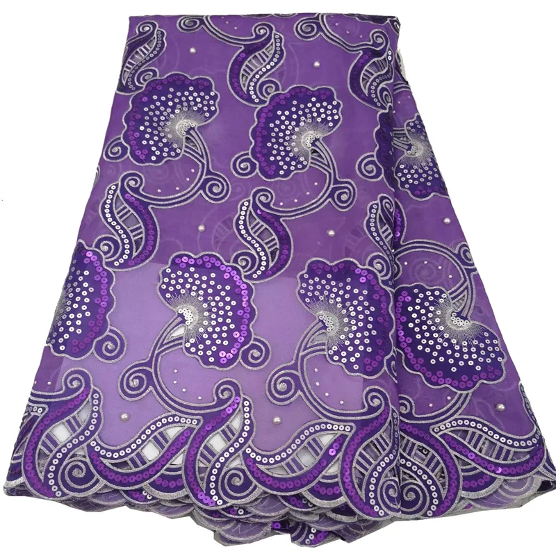 

(5yards/pc) purple African mesh yarn lace embroidered handcut organza lace fabric with sequins for party dress OJY02