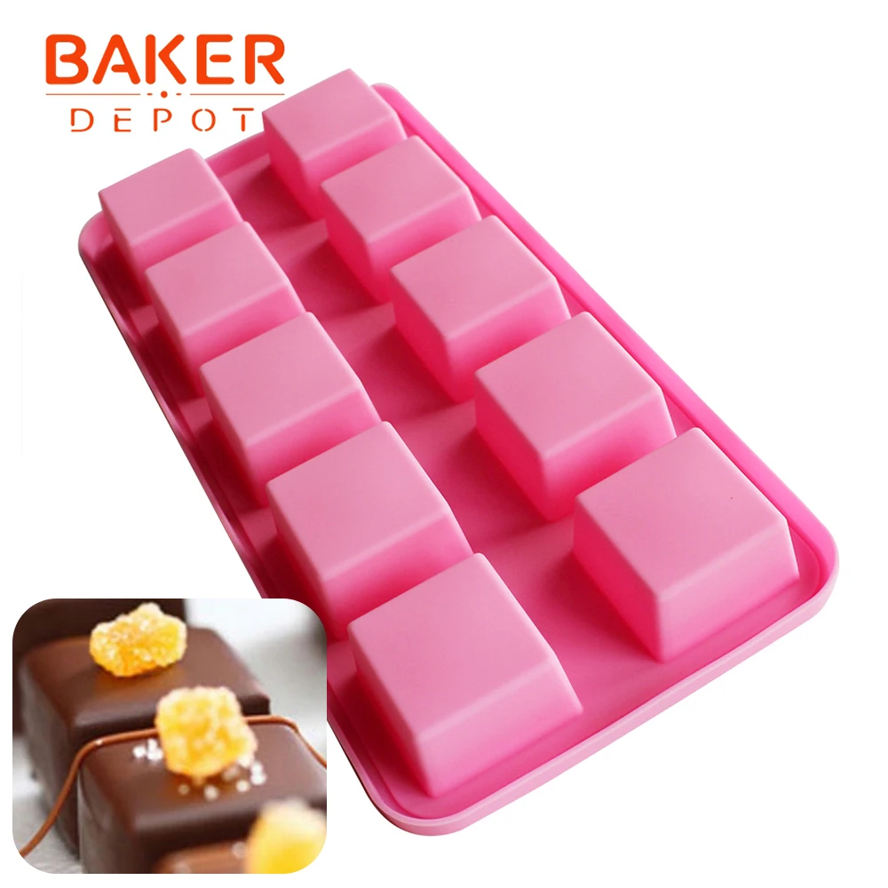 

BAKER DEPOT Silicone mold for chocolate soap square pastry bakeware tool ice cube tray pudding jelly cake baking form 10 holes