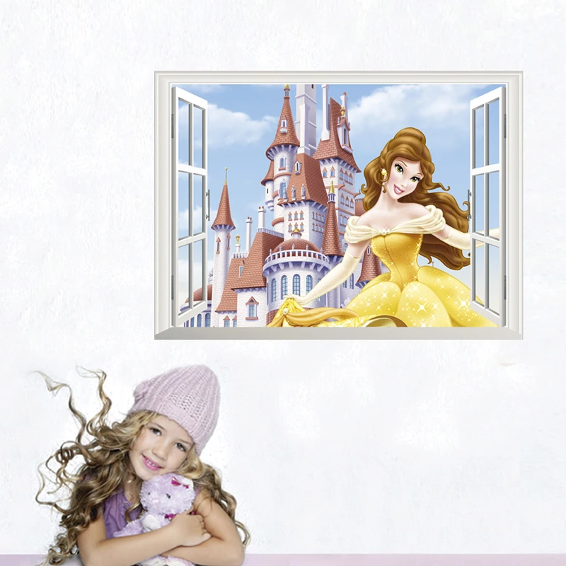

Disney Princess Snow White Cinderella Belle Aurora 3D effect Wall Stickers Kids Room Home Decor Cartoon Mural Anime Wall Decals