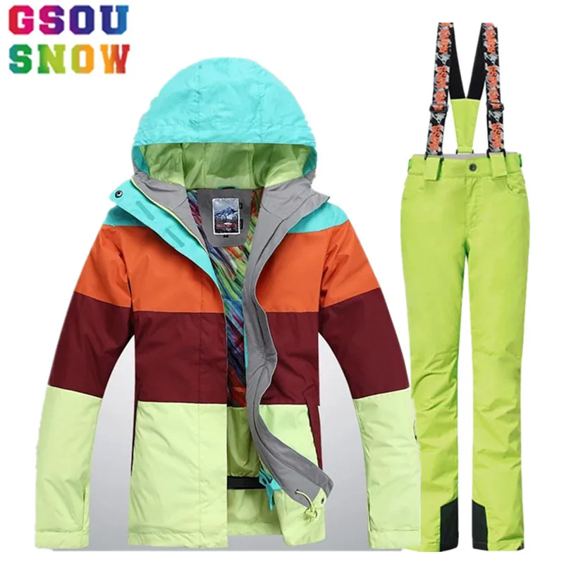 Gsou Snow Brand Зимний Лыжный Костюм Женский Лыжные Куртки Брюки Водонепроницаемый