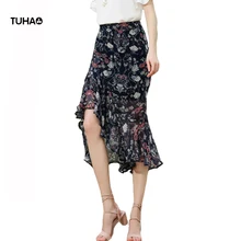 TUHAO летняя юбка с оборками и цветочным рисунком для женщин, облегающая Асимметричная с высокой талией, Boho миди юбки Jupe Femme TSK533