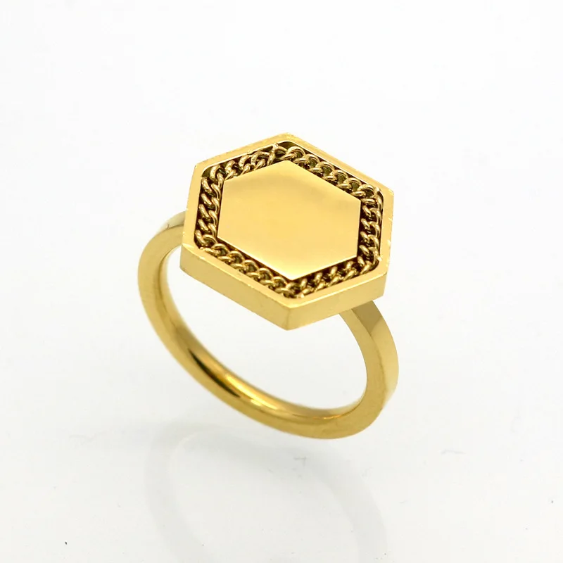

European and American fashion hexagonal personality ring inlaid chain luxury titanium steel jewelry love ring rings for women