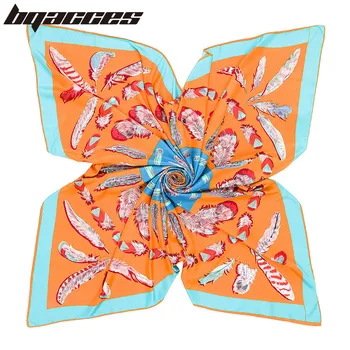 

[BQACCES] Women Twill Silk Square Scarves Feather Print Luxury Brand Bandana Female Hijab Headwear Shawl Wrap Bufanda 130*130cm