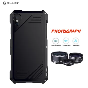 

R-JUST Luxury Anti-knock Metal Aluminum Waterproof phone cover case For Iphone XR XS MAX with Fisheye and wide Angle lens