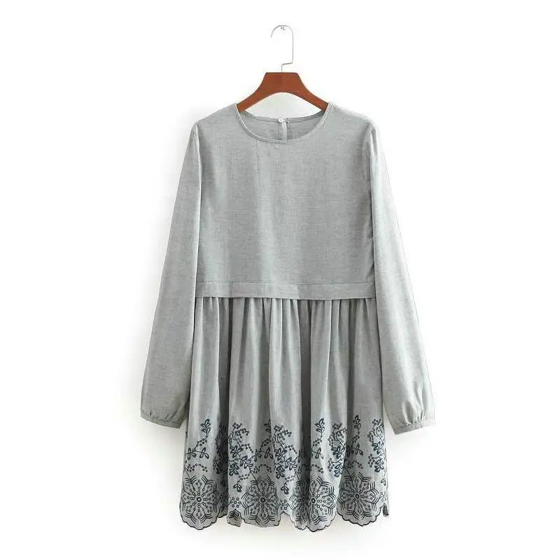 Tangada серое базовое платье короткое платье мини с длинным рукавом хлопковое платье с вышивкой платье с узорами отрезное по талии О-образный вырез BE255 - Цвет: Серый