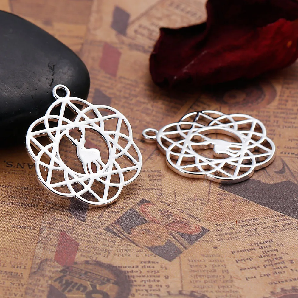 

DoreenBeads Copper Silver Color Flower Of Life Charms Deer Animal Hollow DIY Jewelry Component 28mm(1 1/8") x 23mm( 7/8"), 2 PCs