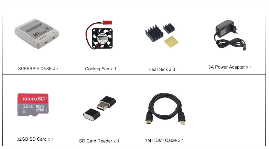 Retroflag SUPERPIE CASE-J пластиковая коробка для Raspberry Pi + 32 ГБ SD карта + 3A адаптер питания + HDMI + вентилятор + теплоотвод для RPI 3B +