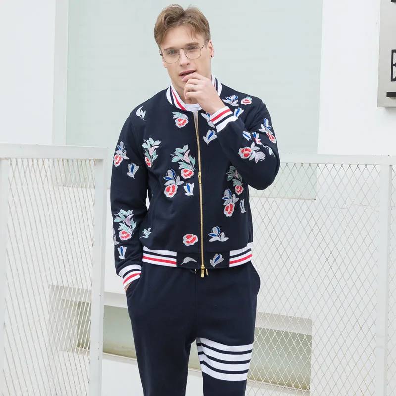 2021 Fashion Brand TB THOM Sweatershirts Men Jacket Flower Embroidery Hip Hop Clothing Baseball Uniform Casual Sportswear Coat | Мужская