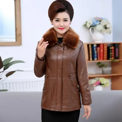 Women Winter Leather Jacket PU Parkas New Ladies Fur Collar Cotton-padded Coat Female Outerwear Large Size 5XL K0725 - Цвет: Brown