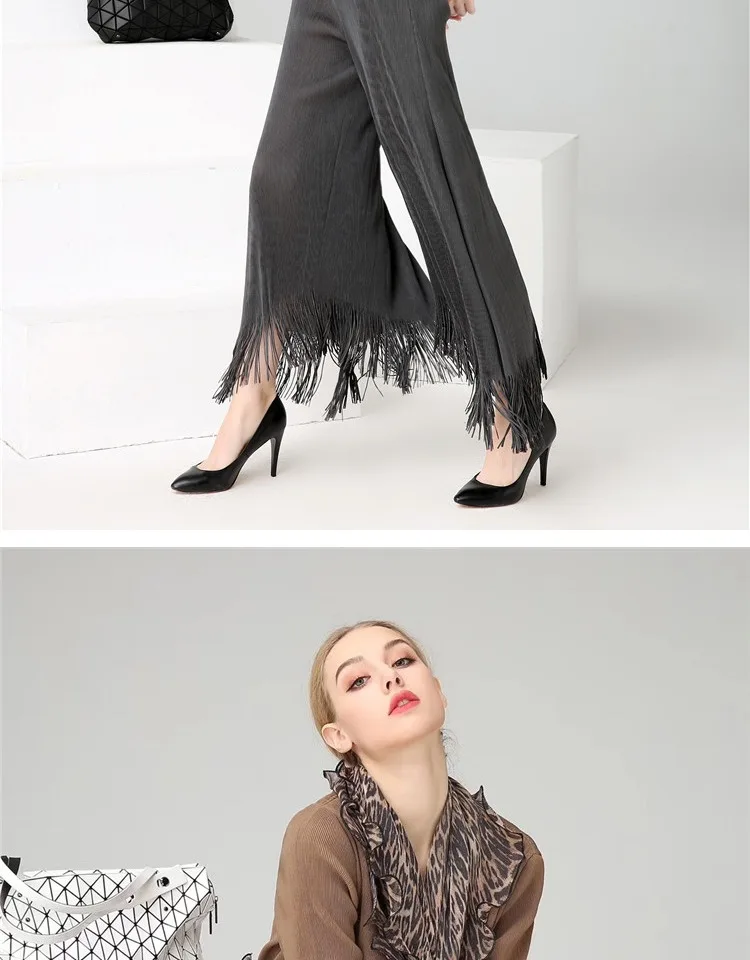 Changpleat 2019 сезон: весна–лето кисточкой Для женщин расклешенные брюки Miyak плиссированные модные однотонные Высокая Талия Свободные Большой