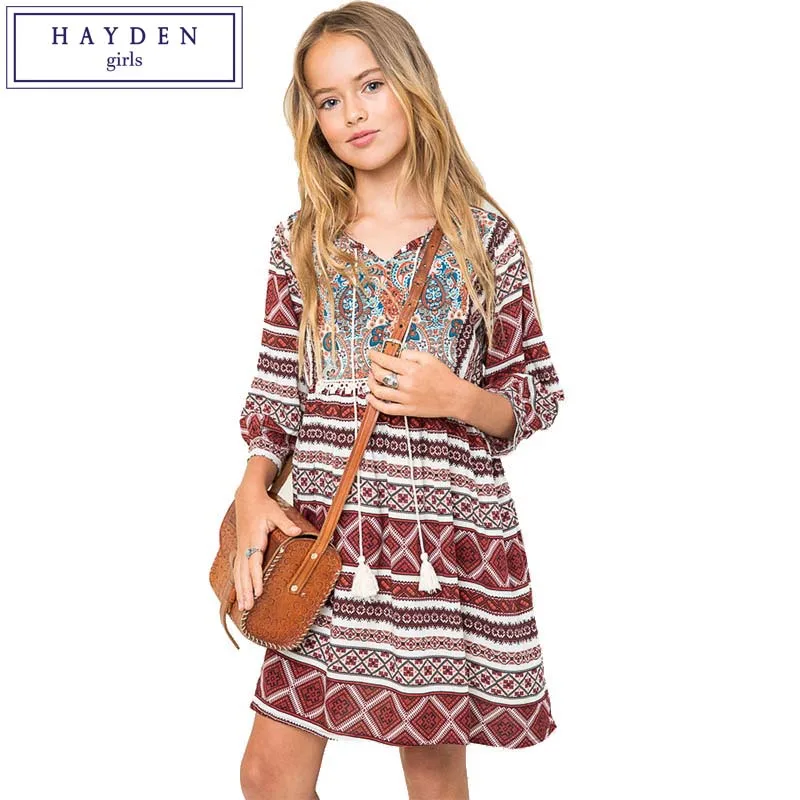 HAYDEN Girls Boho Dress Kids Vintage Dresses Size 12 Years Children Girl Dress 2018 Brand Clothing for Teenagers Bohemian Style