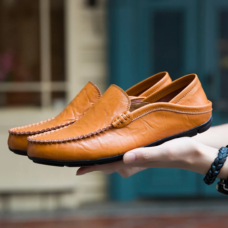 Мужская повседневная обувь; лоферы из натуральной кожи; уличные дышащие повседневные кроссовки на плоской подошве; обувь для вождения; слипоны; большой размер 46 - Цвет: 20138Brown