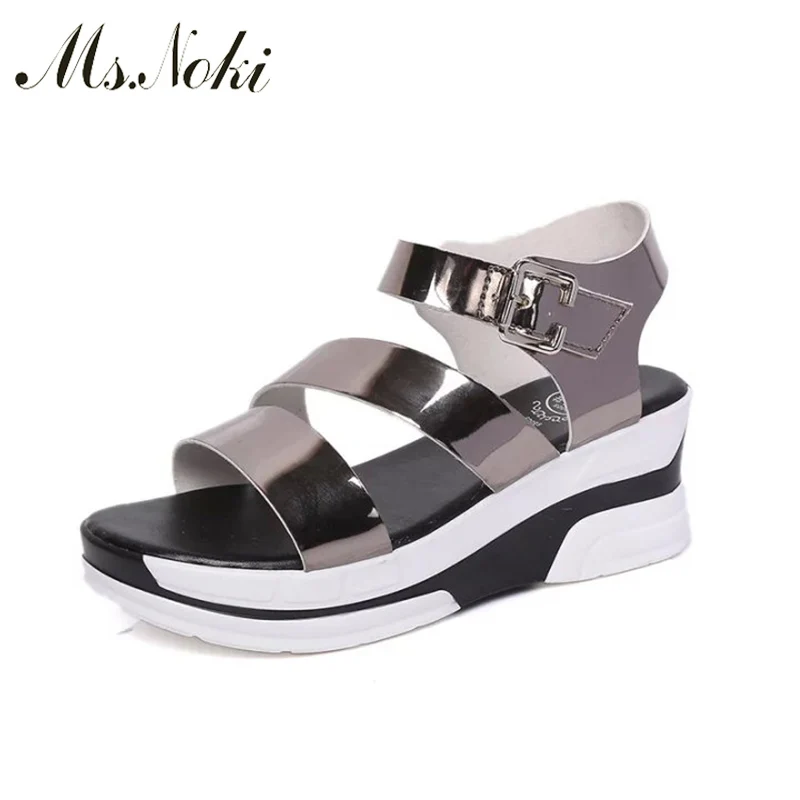 

2018 2018 Summer women sandals wedges sandals ladies open round toe buckle strap black silver platform sandals shoes Ms Noki