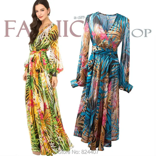 Lantern Sleeve Dress Bohemian Floral Print O-Neck Maxi Dresses For Women Lantern Sleeve Dress Bohemian Floral Print O-Neck Maxi Dresses For Women