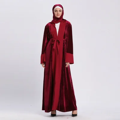Последняя зима jilbabs abayas бархат Дубай абайя с кардиган на поясе Печать Открытый