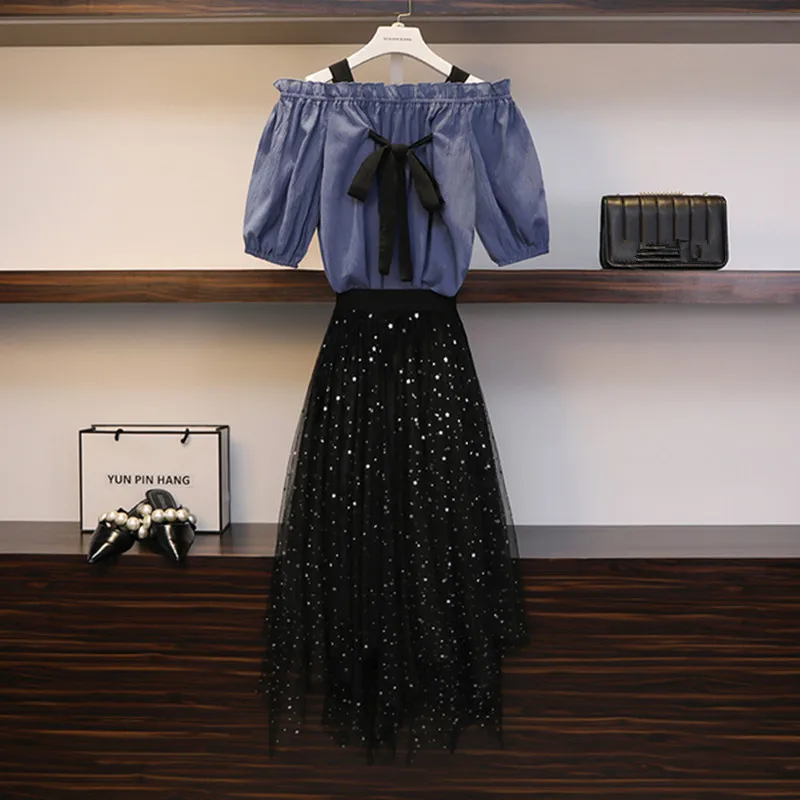 

Sweet Bow Knot Tops and Mesh Skirt Two Piece set Women Fashion Slash neck Blouse and Sequined irregular Skirt Suit 2019 Summer