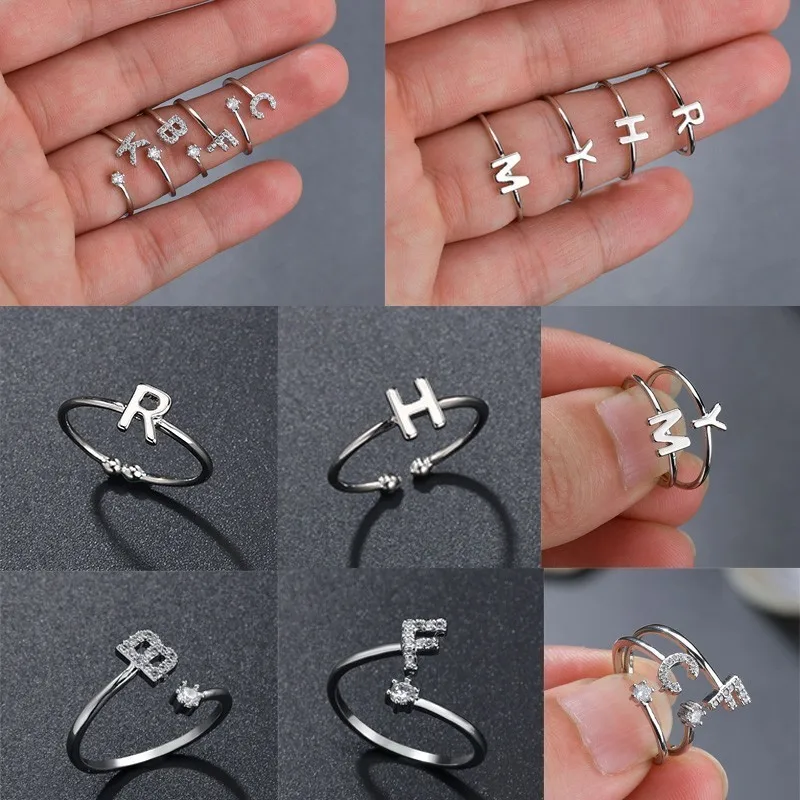 Простые Стразы с инициалами, A-Z буквами, массивные кольца для женщин, богемное серебряное кольцо с кристаллами, регулируемые ювелирные изделия на палец