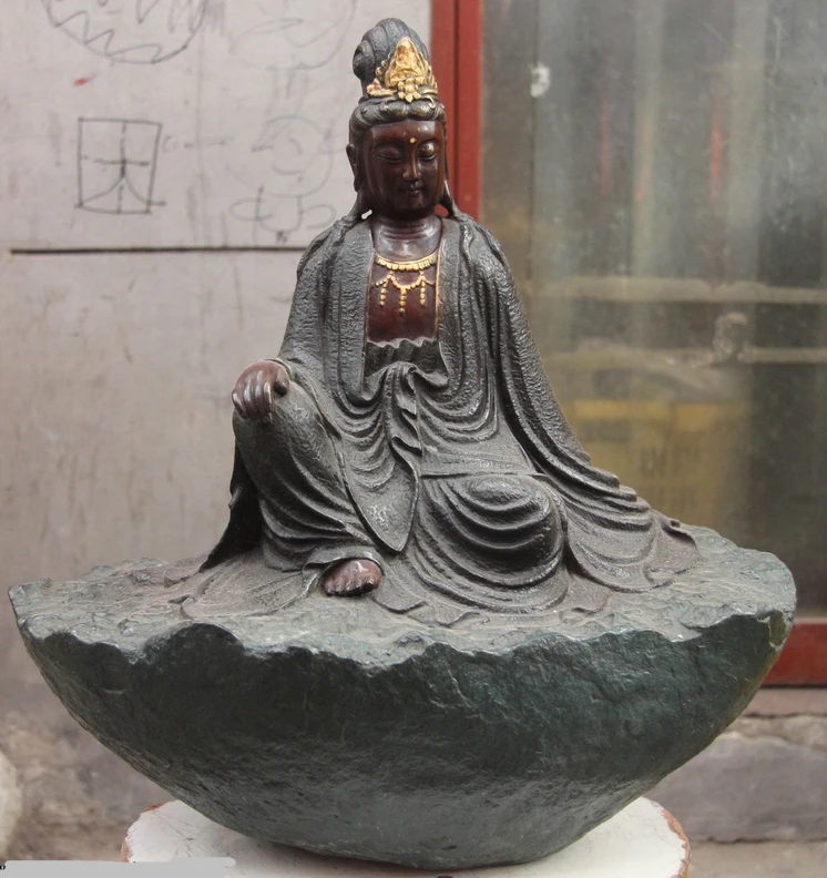 

002127 Classic Bronze Copper Comfortable Sat stone Guan yin Bodhisattva Kwan-Yin Statue