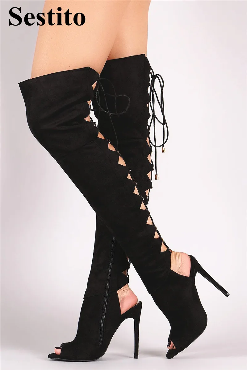 

Fashion Flock Ladies Long Boots Peep Toe Super High Heel Over-the-Knee Boots Women Black Thin Heels Zip Cross-tied Woman Shoes