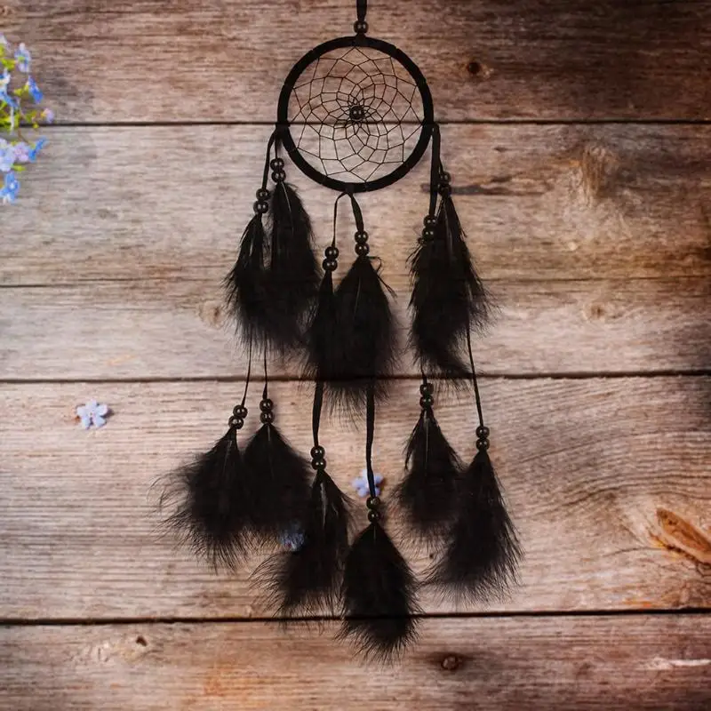 

Double Ring Bead Dream Catcher Black Feather Crafts Handmade Home Hanging Gifts