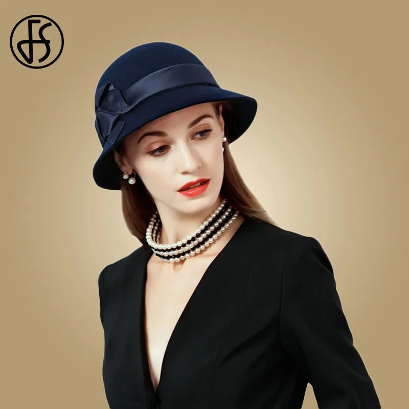 FS Navy Blue Wide Brim Fedora Bowler Vintage Wool Felt Hats Black Women Bowler Flower Cloche Cap Winter Floppy Church Hat