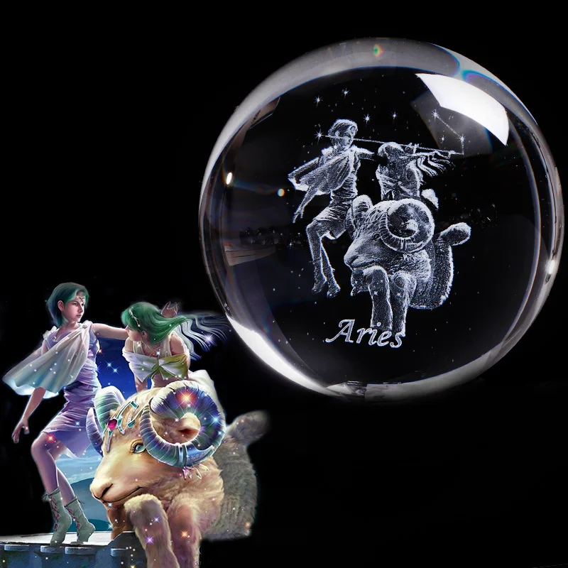 

Crystal 3D Zodiac Aries Signs Ball Laser Engraved Glass Sphere Home Decoration Onarment LED Lights Charms Globe Horoscope